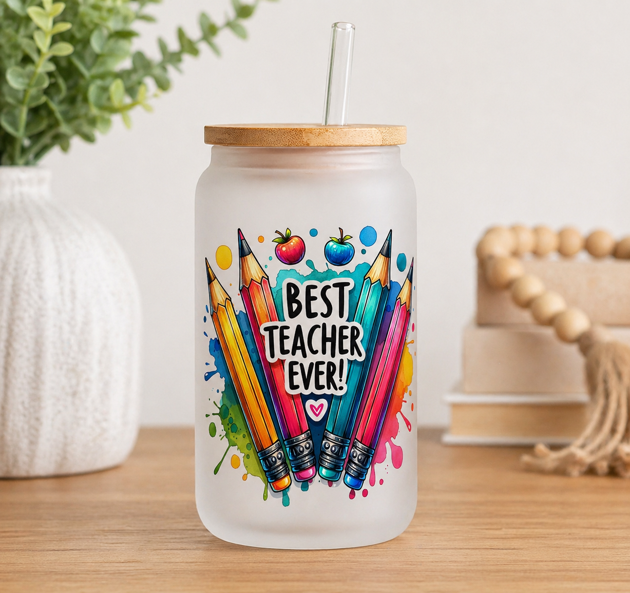 Custom Teacher Libbey Glass Cup | 16oz Frosted w/ Bamboo Lid & Straw