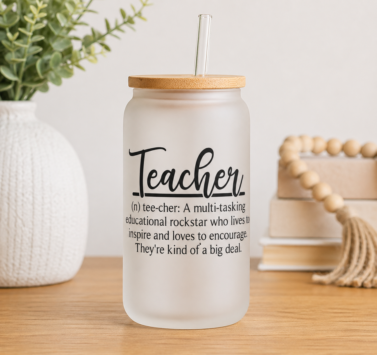 Custom Teacher Libbey Glass Cup | 16oz Frosted w/ Bamboo Lid & Straw