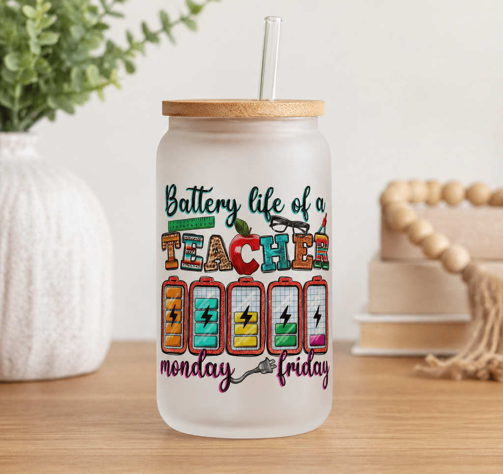 Custom Teacher Libbey Glass Cup | 16oz Frosted w/ Bamboo Lid & Straw