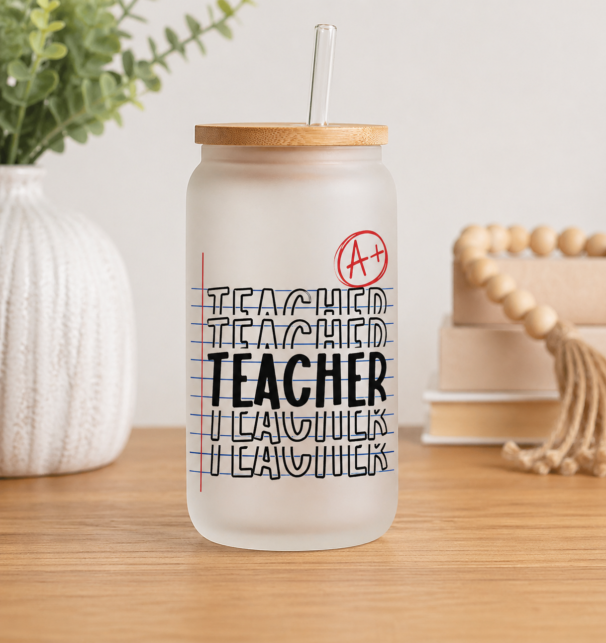 Custom Teacher Libbey Glass Cup | 16oz Frosted w/ Bamboo Lid & Straw