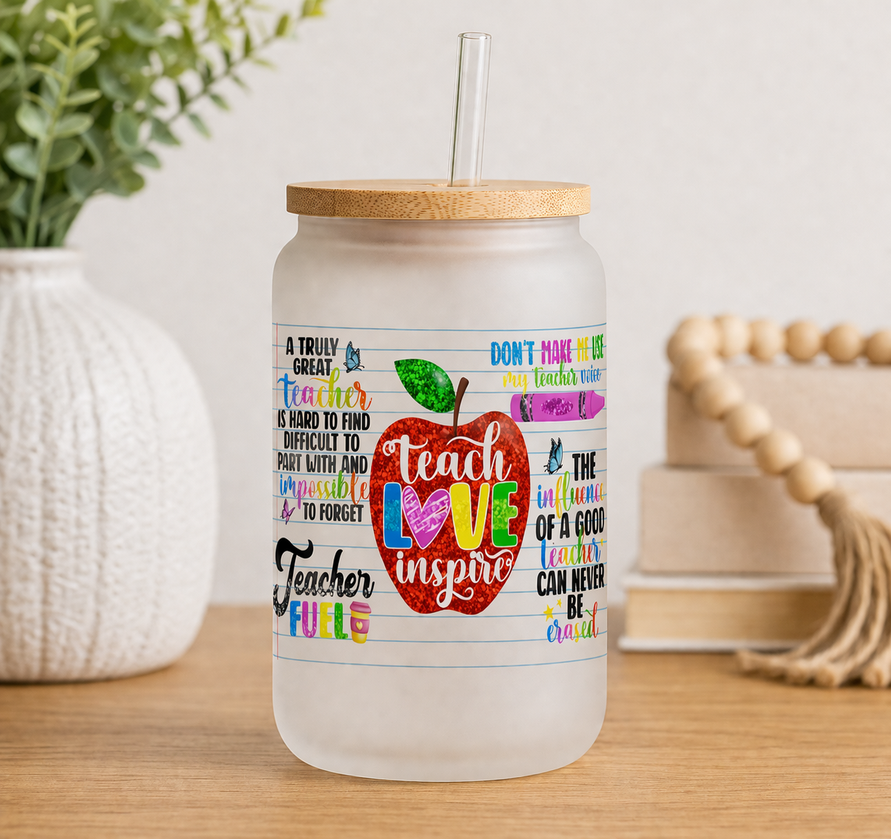 Custom Teacher Libbey Glass Cup | 16oz Frosted w/ Bamboo Lid & Straw